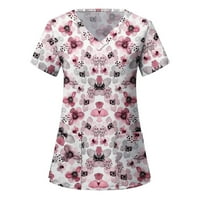 Radna uniforma bluza za žene majica s cvjetnim printom ležerni izrez u obliku slova u, Kratki rukav, džep, tunika za njegu, ružičasti