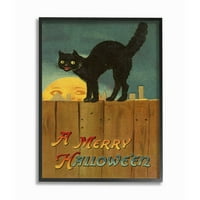 Stupell Industries Merry Halloween crna mačka ograda Sezonski blagdanski dizajn Grafička umjetnost crna uokvirena umjetnička print
