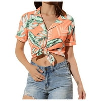 Ženski casual boho cvjetni crop topovi košulje kratkih rukava s gumbima u obliku slova u, Ljetna moda na plaži, široka bluza na vezanje