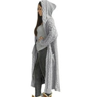 ženski kardigan, zimski jednobojni pleteni preveliki dugi kardigan s kapuljačom, džemper, džepni kaput, sivi