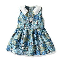 Haljina za malu djecu, ljetna haljina bez rukava s retro printom za djevojčice, haljina princeze s reverom, plava, 90