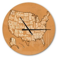 DesignArt 'Sjedinjene Države Yellow Vintage Map' Moderni zidni sat