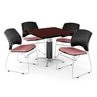 Četvrtasti stol s metalnom mrežastom bazom od mahagonija, stolice u obliku zvijezda u koraljno ružičastoj boji