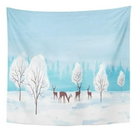 Plava scena akvarel zimski krajolik s sobovima šareni Božićni blagdanski zidni umjetnički tapiserija Kućni dekor za dnevnu sobu spavaonice