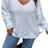 Ženski džemperi plus veličine, bijeli ležerni puloveri u punoj boji s dubokim dekolteom u obliku slova U i dugim rukavima