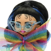 Barbie lutka ekstra Mini s crnim konjskim repom s plavim žilama u duginoj haljini i dodacima