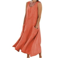Ljetne haljine za žene, Ženska ljetna moda, ležerna jednobojna duga haljina od pamuka i lana bez rukava u narančastoj boji.