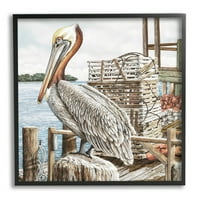 Pelikan, uzgajan ljetni ribolovni pristanište životinje i insekti slikati crno uokvireni umjetnički print zid umjetnosti