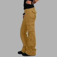 Ženske široke hlače s visokim strukom na kopčanje, Vintage hlače ravnog kroja, široke hlače s džepovima, Kaki hlače širokih nogavica