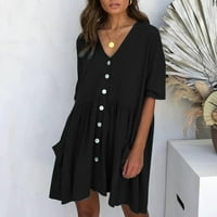 Ženska modna ležerna kratka haljina s izrezom u obliku slova U i kratkim rukavima i džepom na gumbima u obliku slova U.25.4486087