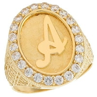 14-karatni muški prsten od žutog zlata s ovalnom aureolom i bijelim kubičnim cirkonijem s početnim slovom ae