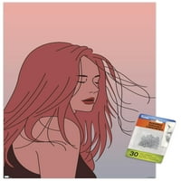 Ručno nacrtana žena s plakatom zida s puhanjem kose s gurnutim iglama, 14.725 22.375