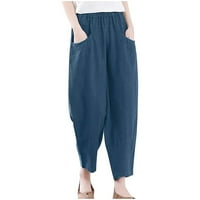Ženske tajice-Capri Aendo hlače Pune dužine modne ženske ljetne Ležerne široke jednobojne pamučne lanene hlače s džepovima Ležerne