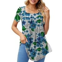Ženske bluze, ženska modna ležerna majica s okruglim vratom s cvjetnim printom, top kratkih rukava, plava