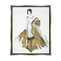 Stupell Industries Modna figura Crtanje ženskog glam večernjih haljina Zlatna sjajna siva uokvirena plutajuća platna zidna umjetnost,
