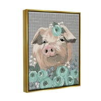 Stupell Industries Fuzzy Pig okružen tirkiznim cvjetnim aranžmanom slika metalno zlato plutajuće uokvireno platno tiskanje zidne