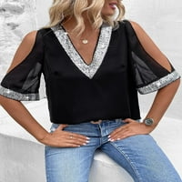 Ženska svjetlucava bluza s šljokicama u obliku mrežaste bluze s gornjim dijelom ramena s kratkim rukavima u obliku mrežaste bluze