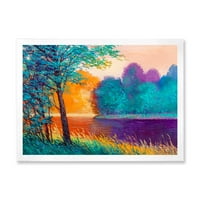 Šareno drveće u sumrak uz rijeku uokvirena slika umjetnički tisak na platnu